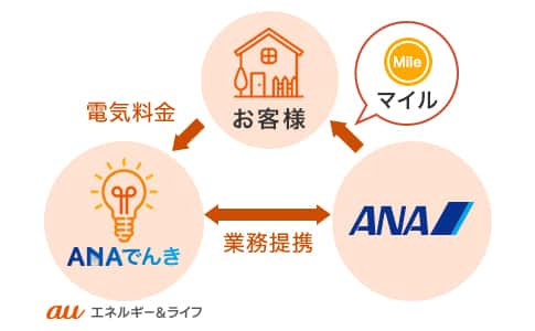 ANAでんき（auエネルギー＆ライフ）とANAが業務提携を結んでおり、お客様からANAでんき（auエネルギー＆ライフ）へ電気料金を支払うとANAからお客様へマイルが積算される