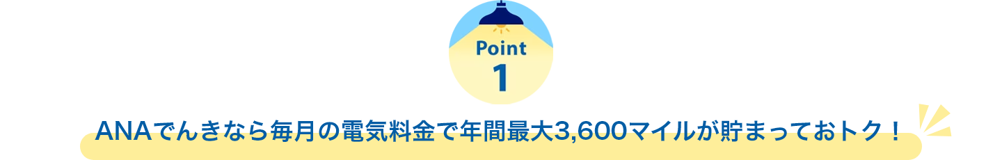 Point1　ANAでんきなら毎月の電気料金で年間最大3,600マイルが貯まっておトク！