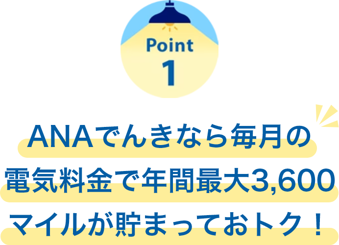 Point1　ANAでんきなら毎月の電気料金で年間最大3,600マイルが貯まっておトク！