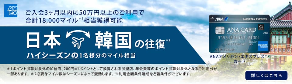 ANAアメリカン・エキスプレス®・カード　ご入会3ヶ月以内に50万円以上のご利用で合計18,000相当獲得可能　日本　韓国の往復　ハイシーズンの1名様分のマイル相当　詳しくはこちら