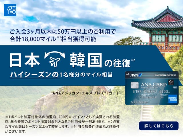 ANAアメリカン・エキスプレス®・カード　ご入会3ヶ月以内に50万円以上のご利用で合計18,000相当獲得可能　日本　韓国の往復　ハイシーズンの1名様分のマイル相当　詳しくはこちら