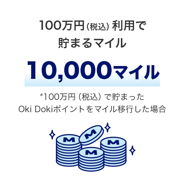 100万円（税込）利用で貯まるマイル 10,000マイル *100万円（税込）で貯まったOki Dokiポイントをマイル移行した場合