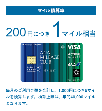 マイル積算率：200円に付き1マイル相当 毎月のご利用金額を合計し、1,000円につき5マイルを付与します。積算上限は、年間40,000マイルとなります。