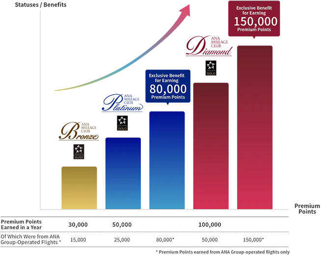 Status shifts for frequent flyers. Upgrade gradually from standard membership to our Bronze, Platinum and Diamond Service statuses. Exclusive benefits will be offered when you gain 80,000 and 150,000 Premium Points.