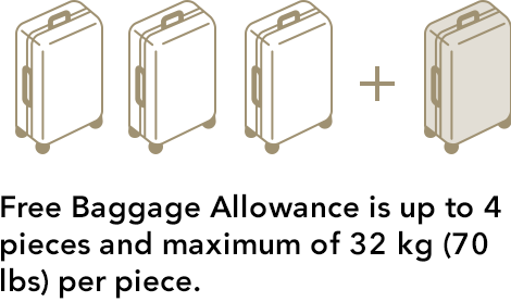 Free Baggage Allowance is up to 4 pieces and maximum of 32 kg (70 lbs) per piece