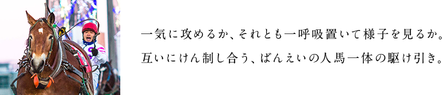 一気に攻めるか、それとも一呼吸置いて様子を見るか。互いにけん制し合う、ばんえいの人馬一体の駆け引き。