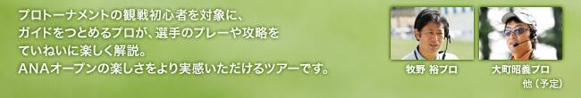 プロトーナメントの観戦初心者を対象に、
ガイドをつとめるプロが、選手のプレーや攻略をていねいに楽しく解説。ANAオープンの楽しさをより実感いただけるツアーです。