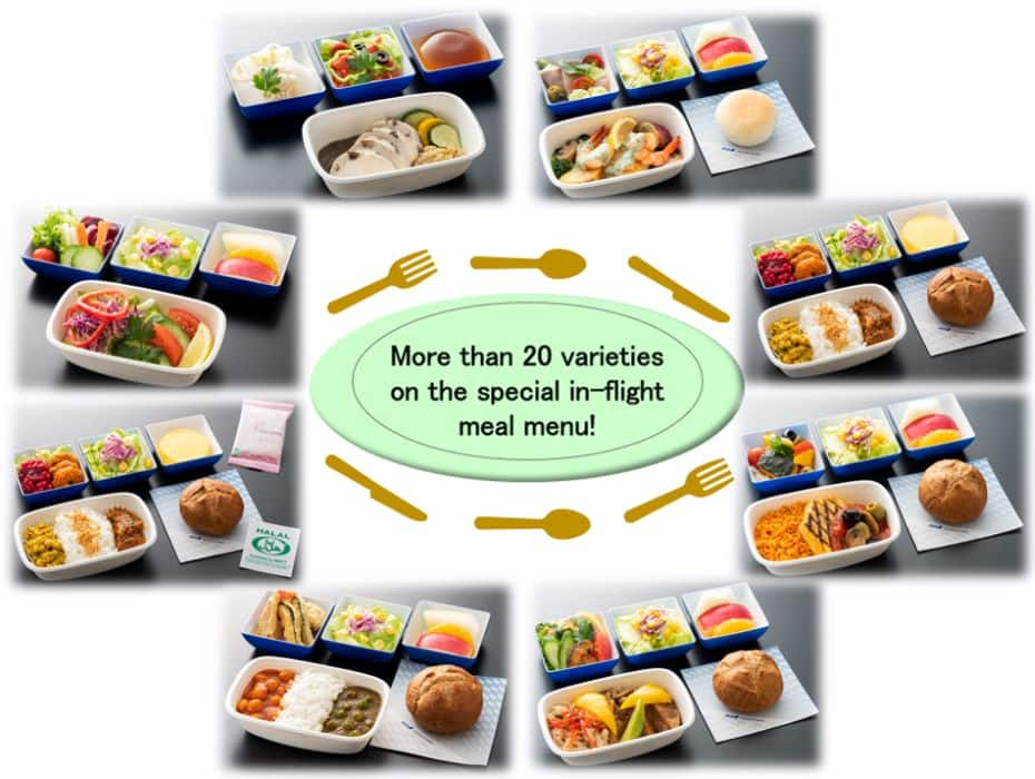 Picture of various special in-flight meals arranged in a circle.