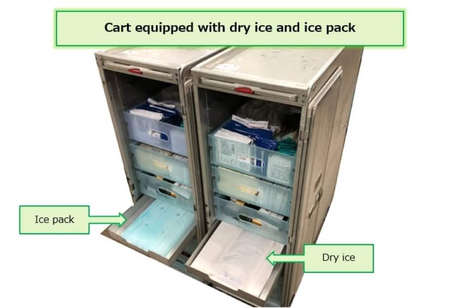 Image of two carts side by side, one cart loaded with dry ice and the other cart loaded with ice pack.