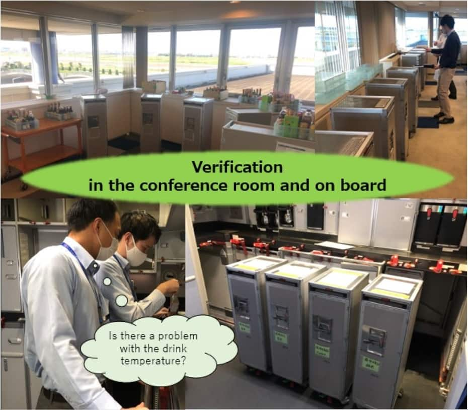 Photos of the verification in the conference room and on board. In the conference room, several carts are arranged on the sunny windowsill. In the cabin, the person in charge measures the temperature of the drinks.