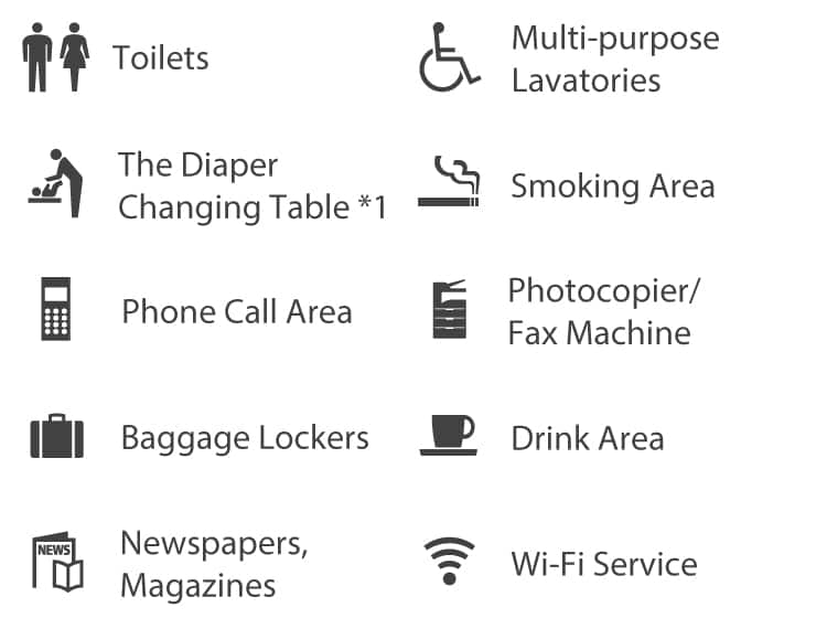 Toilets、Multi-purpose Lavatories、The Diaper Changing Table*1、Smoking Area、Phone Call Area、Photocopier/Fax Machine、Baggage lockers、Drink Area、Newspapers,Magazines、Wi-Fi Service