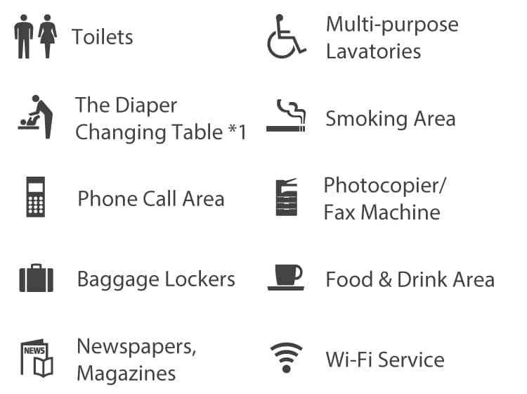 Toilets, Multi-purpose Lavatories, The Diaper Changing Table*1, Smoking Area, Phone Call Area, Photocopier/Fax Machine, Baggage lockers, Food & Drink Area, Newspapers,Magazines, Wi-Fi Service