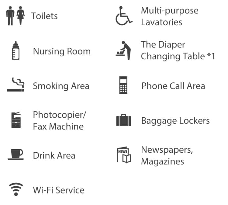 Toilets、Multi-purpose Lavatories、Nursing Room、The Diaper Changing Table*1、Smoking Area、Phone Call Area、Photocopier/Fax Machine、Baggage lockers、Drink Area、Newspapers,Magazines、Wi-Fi Service