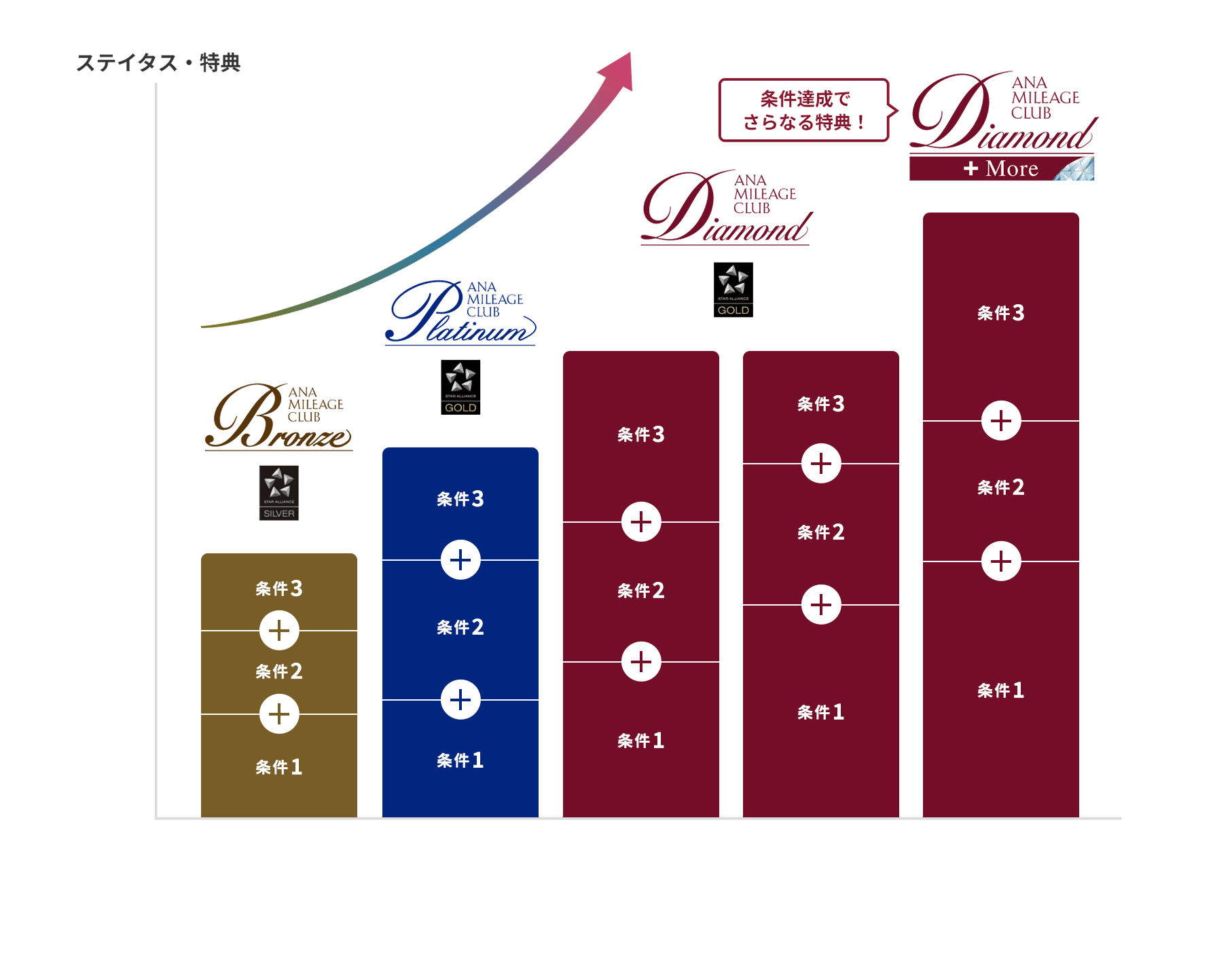 ライフソリューションサービス利用が多い方向けのステイタス推移。一般会員からブロンズサービス（ブロンズステイタス）、プラチナサービス（プラチナステイタス）、ダイヤモンドサービス（ダイヤモンドステイタス）に段階的にアップ。条件達成でさらなる特典（「ダイヤモンドサービス」＋More特典）を贈呈。