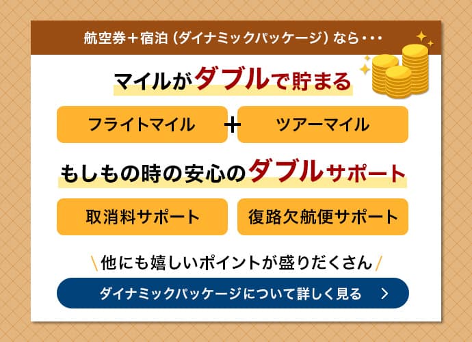 航空券プラス宿泊（ダイナミックパッケージ）なら　マイルがダブルで貯まる　フライトマイル　ツアーマイル　もしもの時の安心のダブルサポート　取消料サポート　復路欠航便サポート　他にも嬉しいポイントが盛りだくさん　ダイナミックパッケージについて詳しく見る