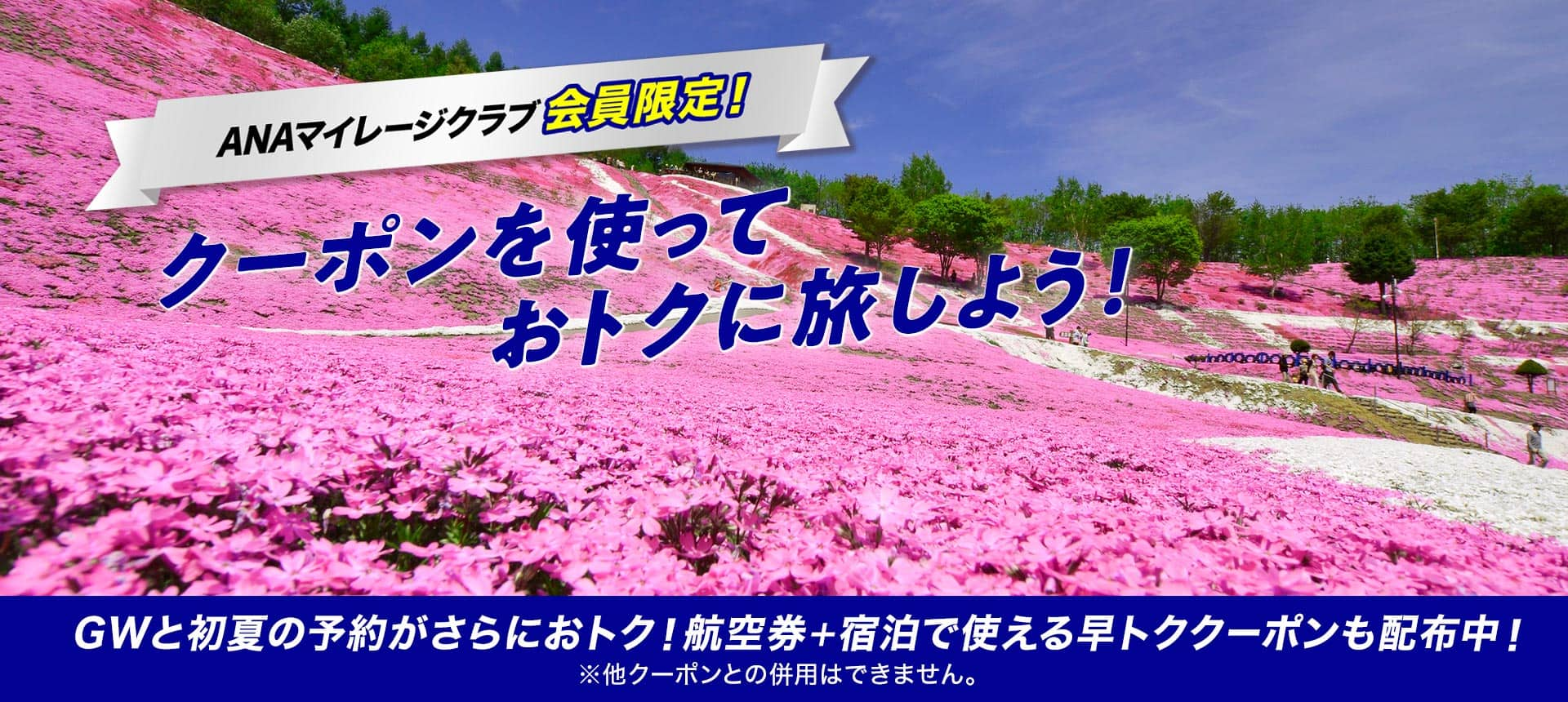 ANAマイレージクラブ会員限定！　クーポンを使っておトクに旅しよう！ GWと初夏の予約がさらにおトク！航空券+宿泊で使える早トククーポンも配布中！*他クーポンとの併用はできません。