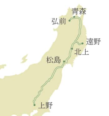 東北全体の地図。上野、北上、遠野、青森、弘前、松島の順に移動し、上野に戻ってまいります。