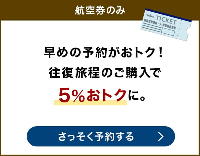 航空券なら 早めの予約がおトク！往復旅程のご購入で5%おトクに。航空券のみをさっそく予約する