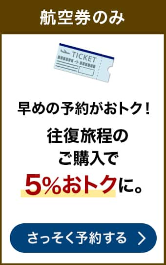 航空券なら 早めの予約がおトク！往復旅程のご購入で5%おトクに。航空券のみをさっそく予約する