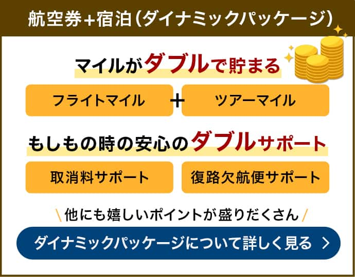 航空券プラス宿泊（ダイナミックパッケージ）なら　マイルがダブルで貯まる　フライトマイル　ツアーマイル　もしもの時の安心のダブルサポート　取消料サポート　復路欠航便サポート　他にも嬉しいポイントが盛りだくさん　ダイナミックパッケージについて詳しく見る