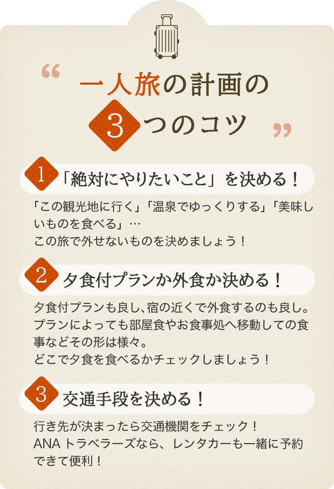 一人旅の計画の3つのコツ 1.「絶対にやりたいこと」を決める！「この観光地に行く」「温泉でゆっくりする」「美味しいものを食べる」この旅で外せないものを決めましょう！2.夕食付プランか外食か決める！夕食付プランも良し、宿の近くで外食するのも良し。プランによっても部屋食やお食事処へ移動しての食事などその形は様々。どこで夕食を食べるかチェックしましょう！3.交通手段を決める！行き先が決まったら交通機関をチェック！ANAトラベラーズなら、レンタカーも一緒に予約できて便利！