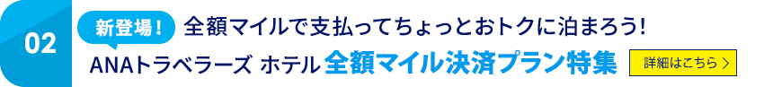 02 新登場！ 全額マイルで支払ってちょっとおトクに泊まろう！ ANAトラベラーズ ホテル　全額マイル決済プラン特集　詳細はこちら