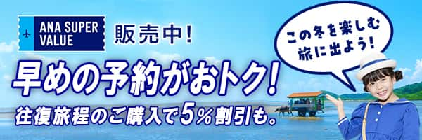 ANA SUPER VALUE 販売中！ 早めの予約がおトク！ 往復旅程のご購入で5％割引も。 この冬を楽しむ旅に出よう！