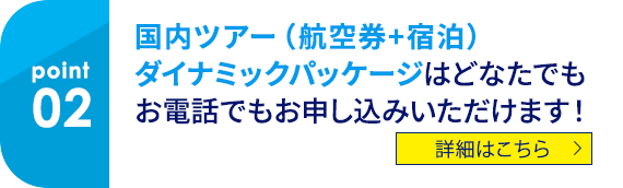 02 国内ツアー（航空券＋宿泊）ダイナミックパッケージはどなたでもお電話でもお申し込みいただけます！ 詳細はこちら