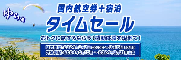 国内航空券+宿泊タイムセール おトクに旅するなら今！感動体験を現地で！ 販売期間：2024年3月7日 00:00~3月15日 23:59 対象期間:2024年3月15日～2024年8月31日 出発