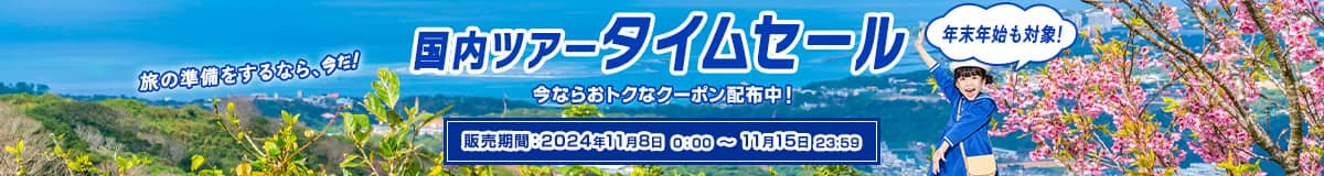 年末年始も対象！ 国内ツアータイムセール 旅の準備をするなら、今だ！ 今ならおトクなクーポン配布中！ 販売期間：2024年11月8日0:00～11月15日23:59