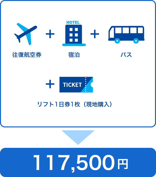 往復航空券＋宿泊＋バス＋リフト1日券（1枚）が合計で117,500円