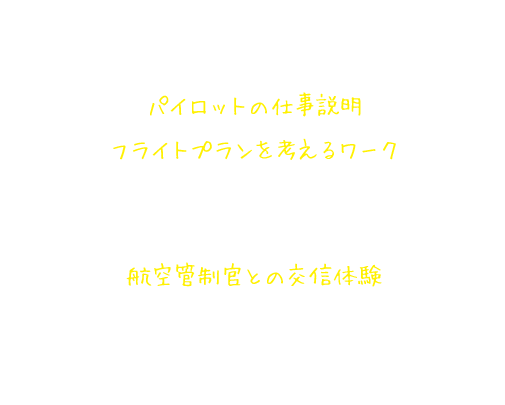 パイロット仕事体験講座の内容 パイロットの仕事説明 フライトプランを考えるワーク パイロットになったつもりで、飛行機の揺れ方と到着時刻から高度を考える。航空管制官との交信体験 パイロットになりきって、航空管制官と交信し、飛行機を着陸させる。