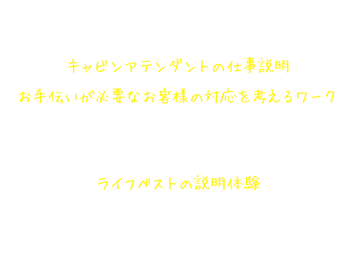 キャビンアテンダント仕事体験講座の内容 キャビンアテンダントの仕事説明 お手伝いが必要なお客様の対応を考える キャビンアテンダントになったつもりで、機内にあるものを活用したお客様のサポートを考える。また、クロックポジション*1を体験する。 ライフベストの説明体験 キャビンアテンダントになりきって、お客様の安全を守るライフベストの説明と着用体験をする。*1.視覚障がいのある方への位置情報の指示方法