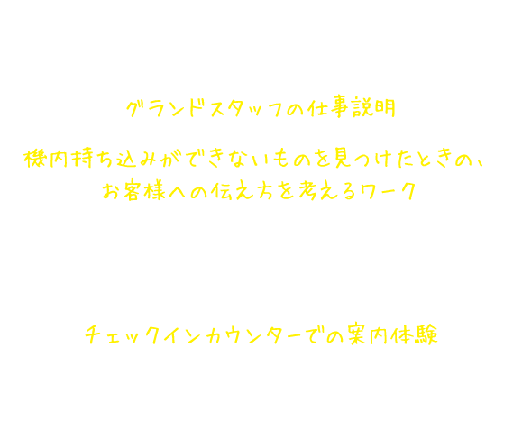 グランドスタッフ仕事体験講座の内容 グランドスタッフの仕事説明 機内持ち込みができないものを見つけたときの、お客様への伝え方を考えるワーク 機内に持ち込めない手荷物を考える。また、グランドスタッフになったつもりで、機内に持ち込めないことをお客様の気持ちを考えて伝える。 チェックインカウンターでの案内体験 グランドスタッフになりきって、手話や英語、中国語を使った案内を体験する。また、手荷物を預かるときのタグ付け体験をする。