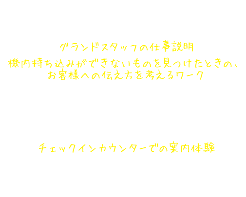 グランドスタッフ仕事体験講座の内容 グランドスタッフの仕事説明 機内持ち込みができないものを見つけたときの、お客様への伝え方を考えるワーク 機内に持ち込めない手荷物を考える。また、グランドスタッフになったつもりで、機内に持ち込めないことをお客様の気持ちを考えて伝える。 チェックインカウンターでの案内体験 グランドスタッフになりきって、手話や英語、中国語を使った案内を体験する。また、手荷物を預かるときのタグ付け体験をする。