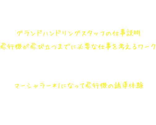 グランドハンドリングスタッフ仕事体験講座の内容 グランドハンドリングスタッフの仕事説明 飛行機が飛び立つまでに必要な仕事を考えるワーク 着陸した飛行機が次に飛び立つまでに何をしなければいけないか、空港にあるさまざまな車の役割とともに考える。マーシャラー*1になって飛行機の誘導体験マーシャラーになりきって、映像から誘導の合図を読み取り、飛行機を誘導する。*1.グランドハンドリングスタッフの仕事のひとつ