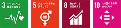 3.すべての人に健康と福祉を 5.ジェンダー平等を実現しよう 8.働きがいも経済成長も 10.人や国の不平等をなくそう