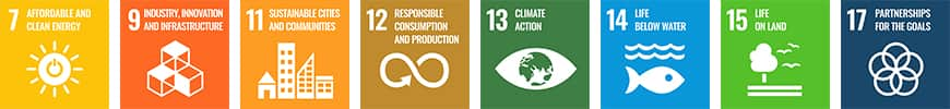 7:AFFORDABLE AND CLEAN ENERGY 9:INDUSTRY, INNOVATION, AND INFRASTRUCTURE 11: Sustainable cities and communities 12:RESPONSIBLE CONSUMPTION AND PRODUCTION 13:CLIMATE ACTION 14:LIFE BELOW WATER 15:LIFE ON LAND