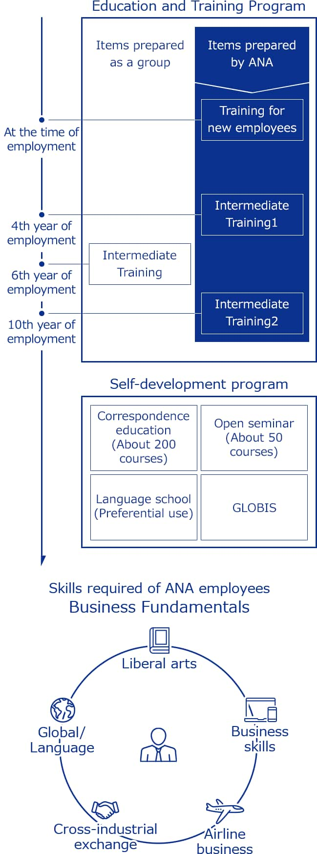 ANA and ANA group companies both provide education and training programs. There are also correspondence education and special offers of language schools as self-development programs.Additionally, skills required for ANA employees are set as business fundametals. In this way, we develop human resources that have an understanding of different cultures, customs and values when excersing their abilities.