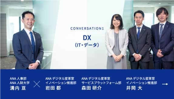 CONVERSATION1 DX（IT・データ） ANA人事部 ANA人財大学 溝内 亘が進行し、ANAデジタル変革室 イノベーション推進部 岩田 都、ANAデジタル変革室 サービスプラットフォーム部 森田 研介、ANAデジタル変革室 イノベーション推進部 井岡 大の3名の社員にお話を伺います。