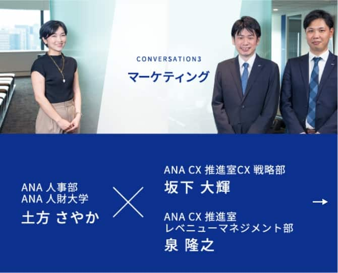 CONVERSATION3 マーケティング ANA人事部 ANA人財大学 土方 さやかが進行し、ANA CX推進室 レベニューマネジメント部 坂下 大輝、ANA CX推進室 CX戦略部 泉 隆之の2名の社員にお話を伺います。