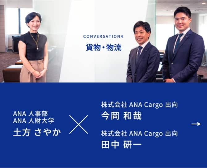 CONVERSATION4 貨物・物流 ANA人事部 ANA人財大学 土方 さやかが進行し、株式会社ANA Cargo出向 今岡 和哉、株式会社ANA Cargo出向 田中 研一の2名の社員にお話を伺います。