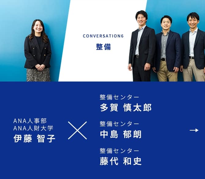 CONVERSATION6 整備 ANA人事部 ANA人財大学 伊藤 智子が進行し、ANA整備センター 多賀 慎太郎、ANA整備センター 中島 郁朗、ANA整備センター 藤代 和史 の3名の社員にお話を伺います。