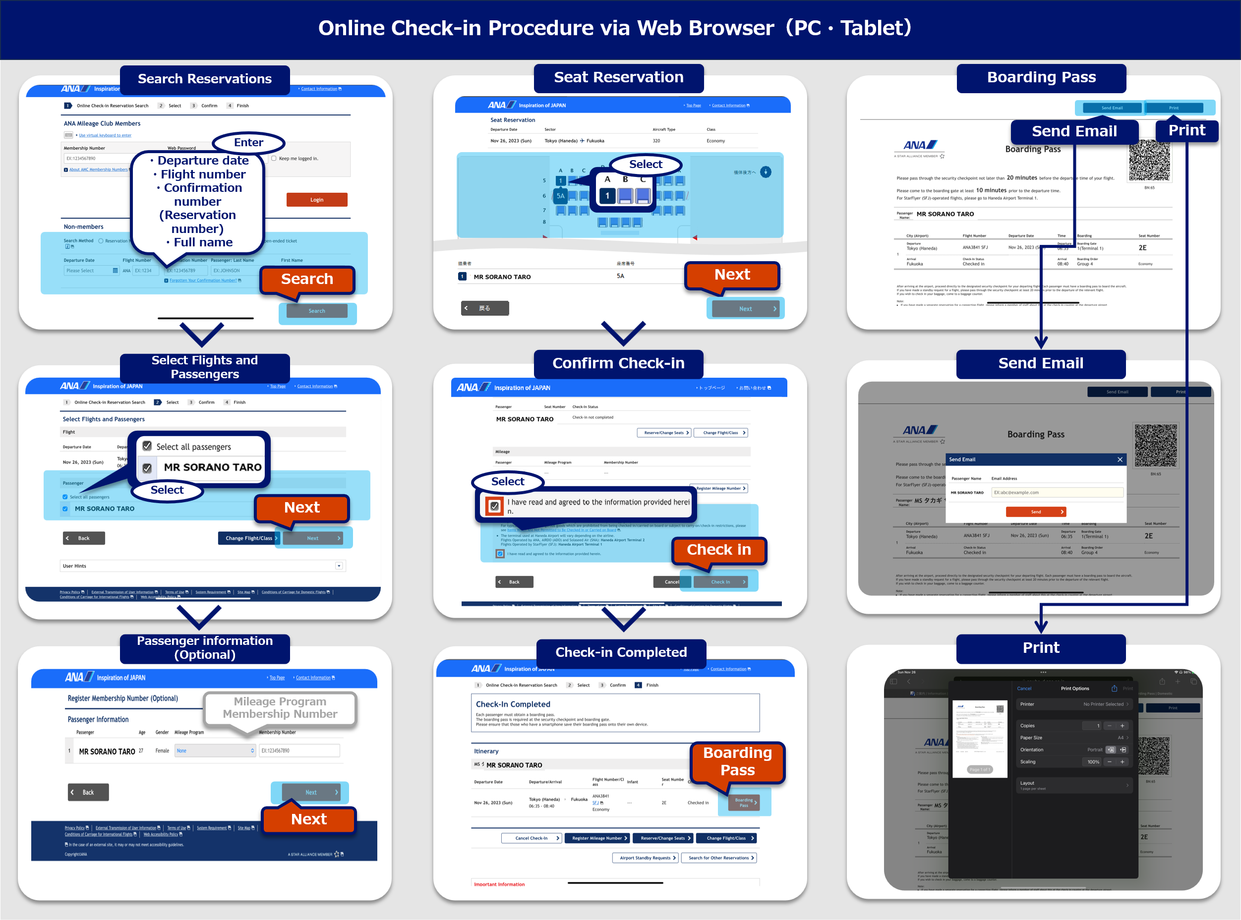 Web browser online check-in procedure (PC / tablet):On the online check-in reservation search screen, enter the reservation information for non-members and tap the Search button.On the check-in selection screen, select the flight and passenger to check-in and tap the Next button.On the customer information entry screen (optional), enter your mileage program and customer number (optional) and tap the Next button.On the seat reservation screen, select a seat and tap the Next button.Confirm the check-in and flight details, select details confirmed and tap the Check-in button.On the check-in completion screen, select the Boarding Pass button.If sending by email, select the send by email button on the boarding pass screen and tap the Send button.If printing, tap the Print button on the boarding pass screen.