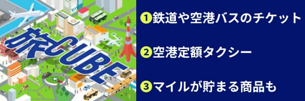 旅CUBE ①鉄道や空港バスのチケット②空港定額タクシー③マイルが貯まる商品も