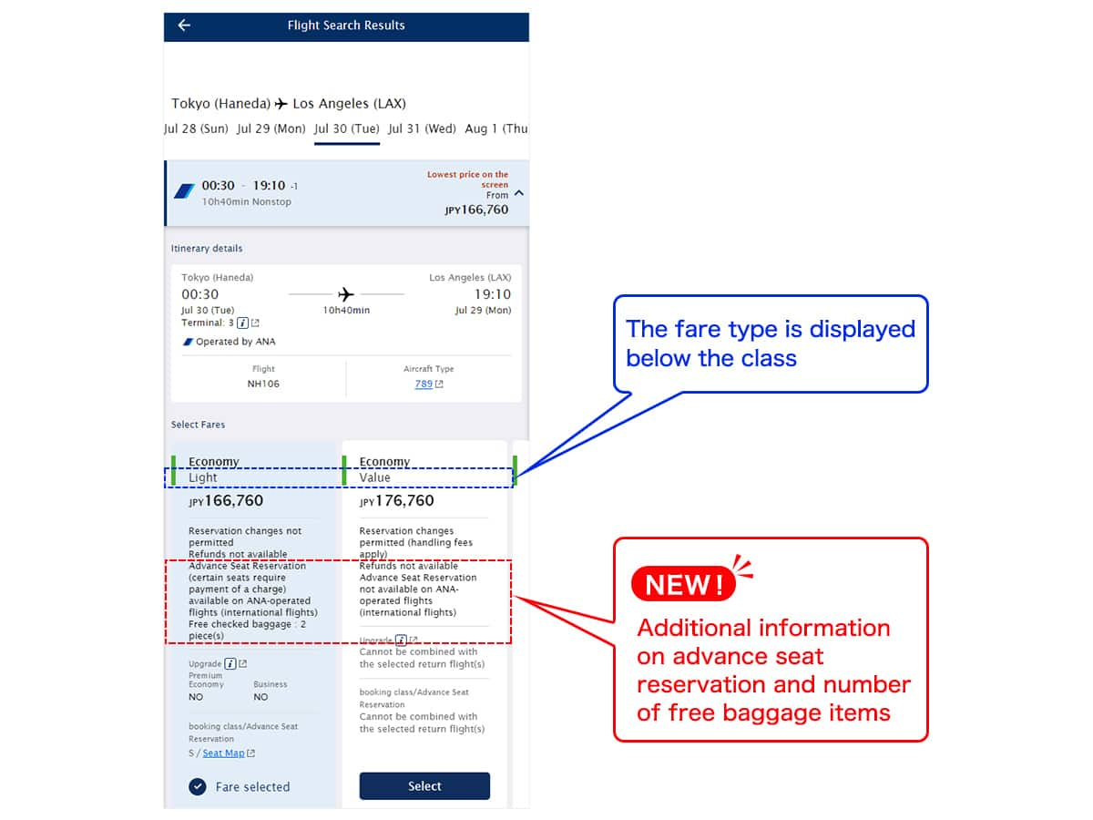 Additional information on advance seat reservation and number of free baggage items