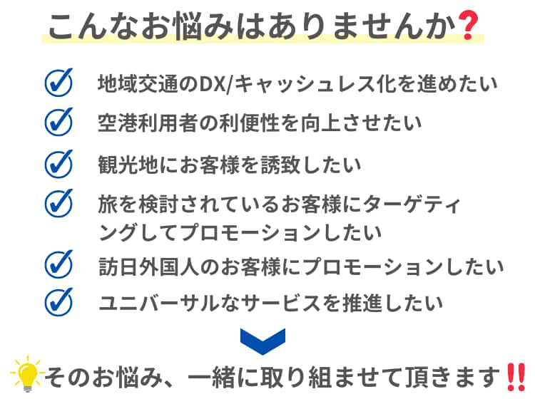 こんなお悩みはありませんか？ 地域交通のDXやキャッシュレス化を進めたい 空港利用者の利便性を向上させたい 観光地にお客様を誘致したい 旅を検討しているお客様にターゲティングしてプロモーションしたい 訪日のお客様にプロモーションしたい ユニバーサルなサービスを推進したい これらのお悩みに、一緒に取り組ませていただきます。