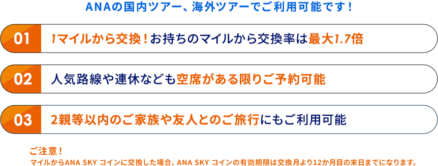 ANAの国内ツアー、海外ツアーでご利用可能です！ 01 1マイルから交換！お持ちのマイルから交換率は最大1.7倍 02 人気路線や運休なども空席がある限りご予約可能 03 2親等以内のご家族やご友人とのご旅行にもご利用可能 ご注意！ マイルからANA SKYコインに交換した場合、ANA SKYコインの有効期限は交換月より12か月目の末日までになります。