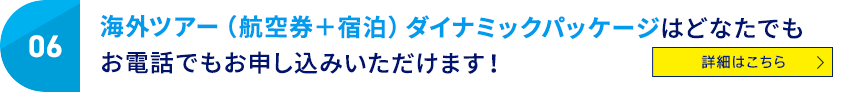 06 海外ツアー（航空券＋宿泊）ダイナミックパッケージはどなたでもお電話でもお申し込みいただけます！ 詳細はこちら