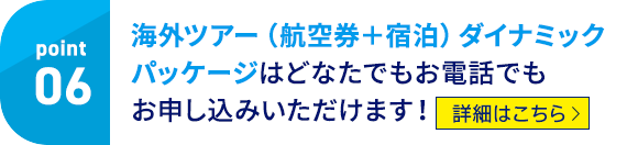 point06 海外ツアー（航空券＋宿泊）ダイナミックパッケージはどなたでもお電話でもお申し込みいただけます！ 詳細はこちら